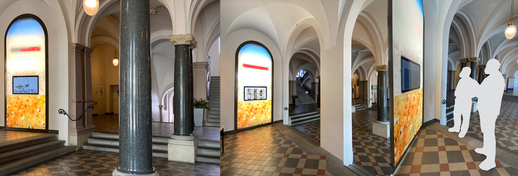 WES Electronic installiert Display in Glastuer fuer Gedenkinstallation in Wiesbaden Collage