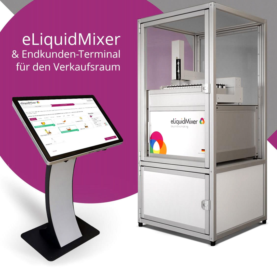 eLiquidMixer GmbH bietet easy pc stand Kioskterminal und passenden Mischroboter