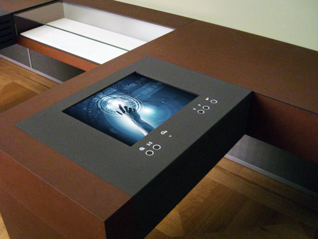 Touch Monitor mit Frontplatte flach in Tisch eingebaut mit Lüftungskonzept