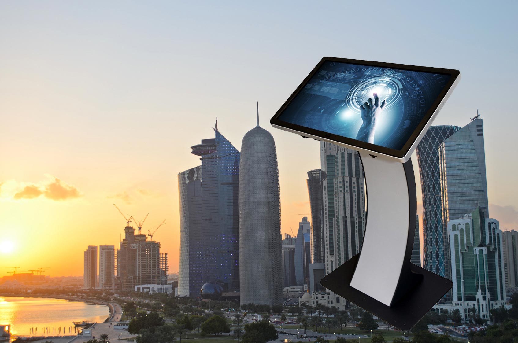 WES major project in Qatar. "easy pc stand" All-in-one solution - kiosk terminal, info terminal and monitor stand in one.