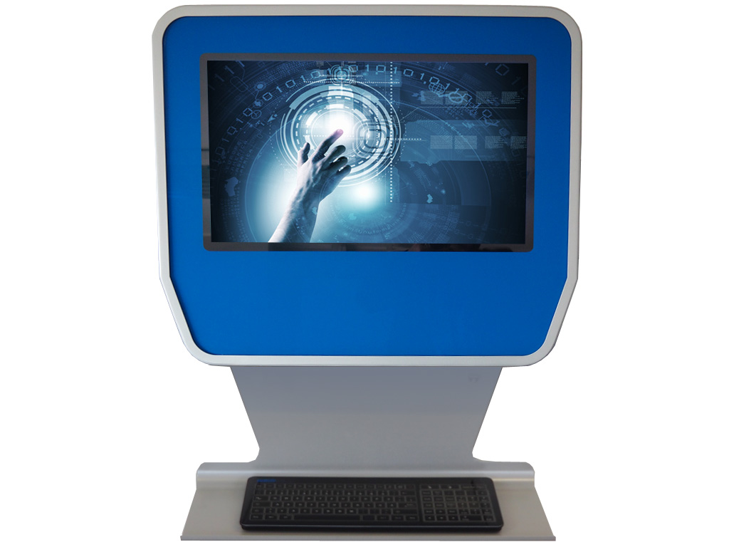 Leto SB Wandterminal in blau mit 24 Zoll Touchmonitor Tastaturablage Glastastatur schwarz